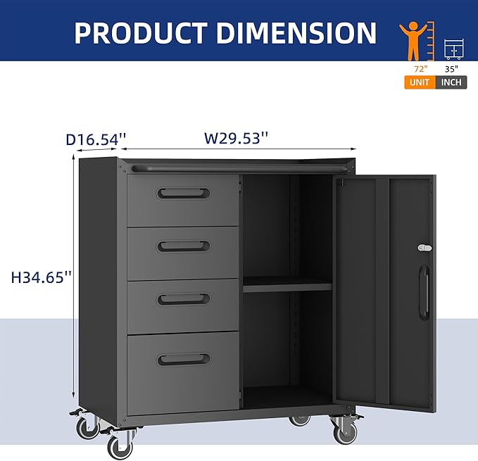 Metal Garage Storage Cabinet with Wheels,Locking Rolling Tool Cabinet with Drawers and Shelves for Home, Office, Garage & Workshop