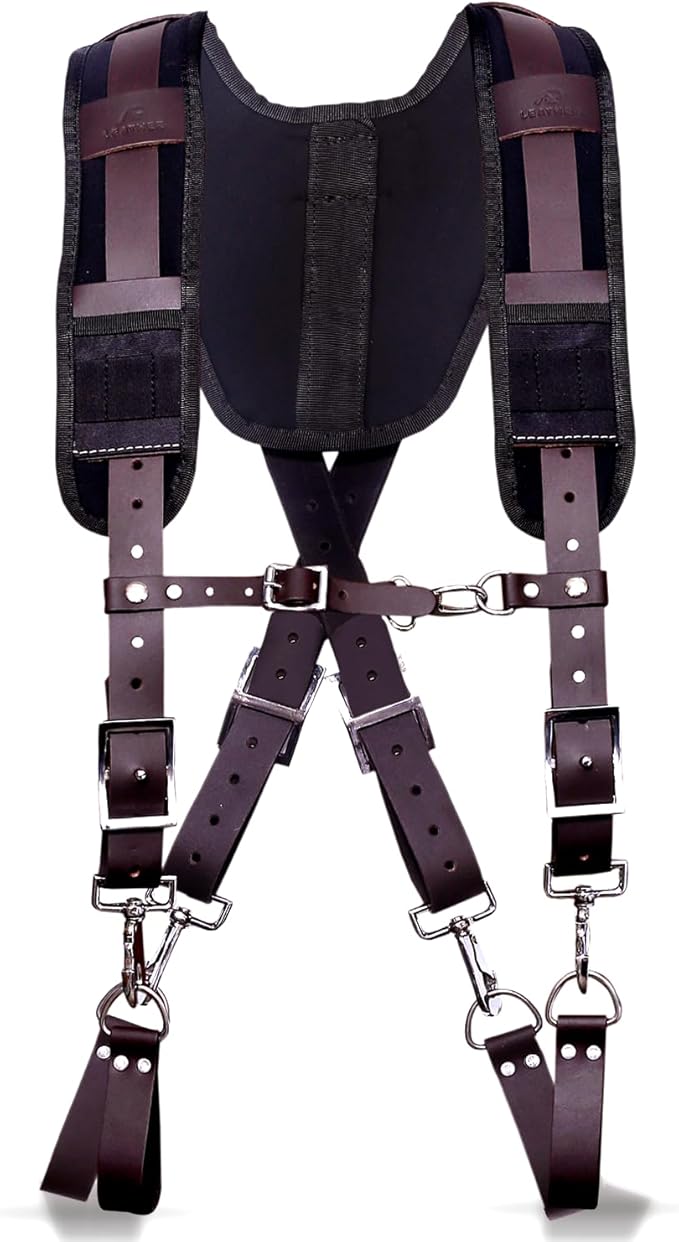 PRO-01 Leather Tool Belts for mens, Tool Belt with Suspenders, Comfort Back Support with stainless steel Buckle for Construction, Framers (Chocolate Padding, Extra Large)