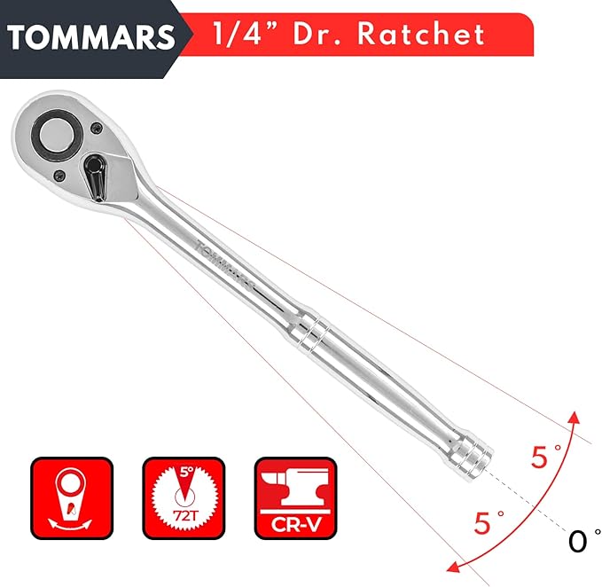TOMMARS 1/4 inch Drive Ratchet, 72-Tooth Quick-Release Socket Ratchet Wrench Handle Reversible