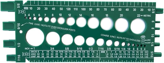 Nut, Bolt & Screw Gauge (Standard & Metric) (Coarse & Fine) Diameter, Length & Thread Pitch (Green)