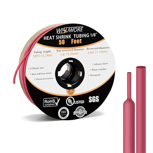 1/8'' Heat Shrink Tubing, 50 Ft 3:1 Waterproof Heat Shrink Tubing Roll, Marine Grade Adhesive Lined Heat Shrink Tube for Wire Insulation,UL Listed and RoHS Compliant Red