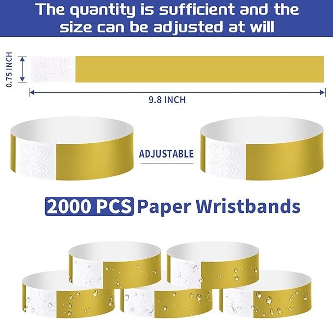 2000 Pcs Paper Wristbands for Events Waterproof Neon Gold Wrist Bands Adhesive Concert Identification Wristbands Hand Bands for Events(Gold)