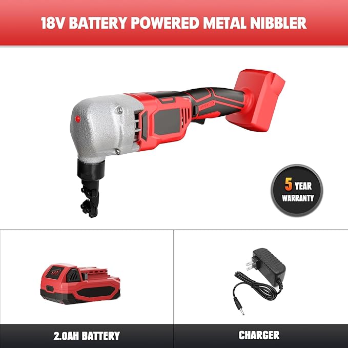 Cordless Nibbler Compatible with Milwaukee 18V Battery, Includes 2.0Ah Battery & Charger, 18 Gauge Sheet Metal Cutter with 1200RPM Brushless Motor for Cutting Aluminium, Stainless Steel, Plastic