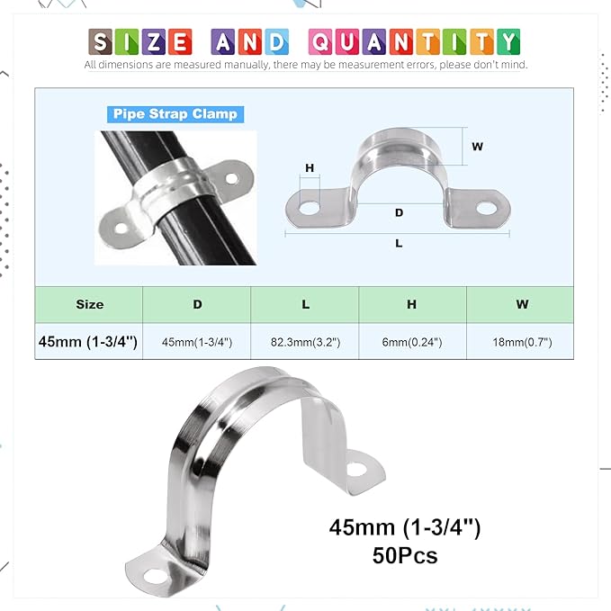 Glarks 50Pcs M8 Pipe Strap Clamp, 304 Stainless Steel 2 Hole Strap Heavy Duty Rigid Pipe Strap U Bracket Tube Strap Cable Clamp Hanger Tension Tube Clip for Pipe Tube Cable Fixing (45mm (1-3/4"))