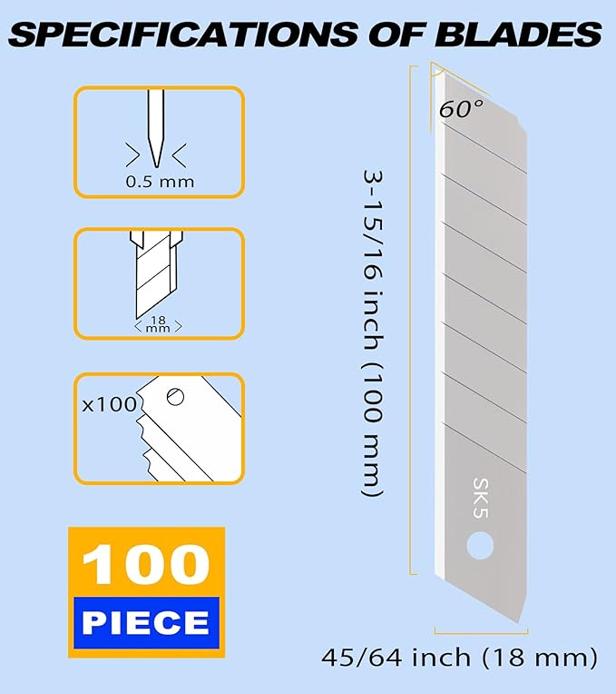 DOWELL 18mm Snap Off Blade SK5 Utility Knife Retractable Blades Box Cutter Blades (100pc)