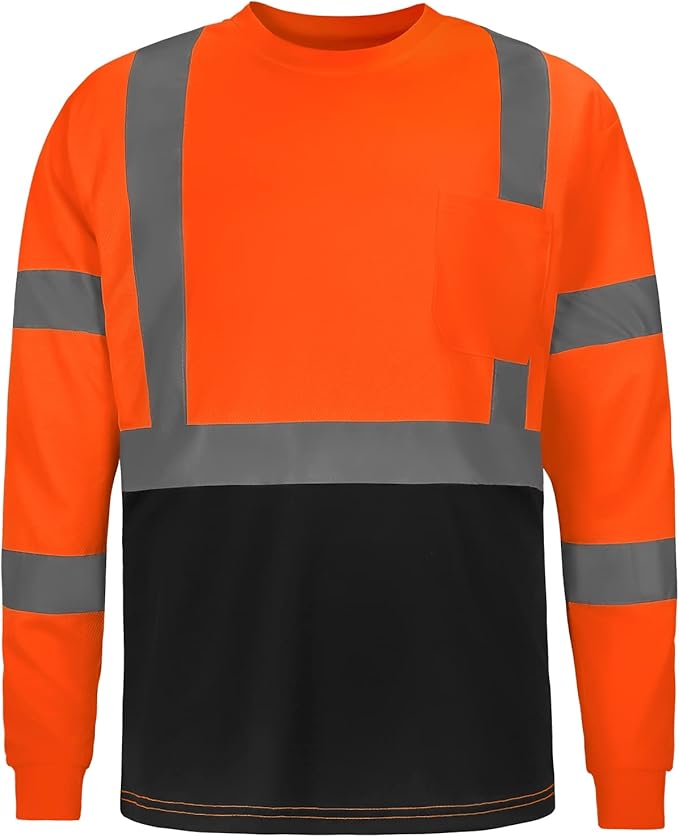 High Visibility Class 3 T Shirts，Hi Vis Safety Shirts with Reflective Strips and Pocket, Long Sleeve Quick Dry Mesh Construction Work Shirt for Men/Women Black Bottom Orange,6XL