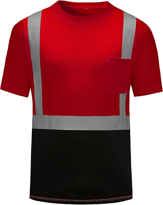 High Visibility Shirts Quick Dry Safety T Shirts with Reflective Strips and Pocket Short Sleeve Mesh Hi Vis Construction Work Class 2 Shirt for Men/Women Black Bottom Red,Small