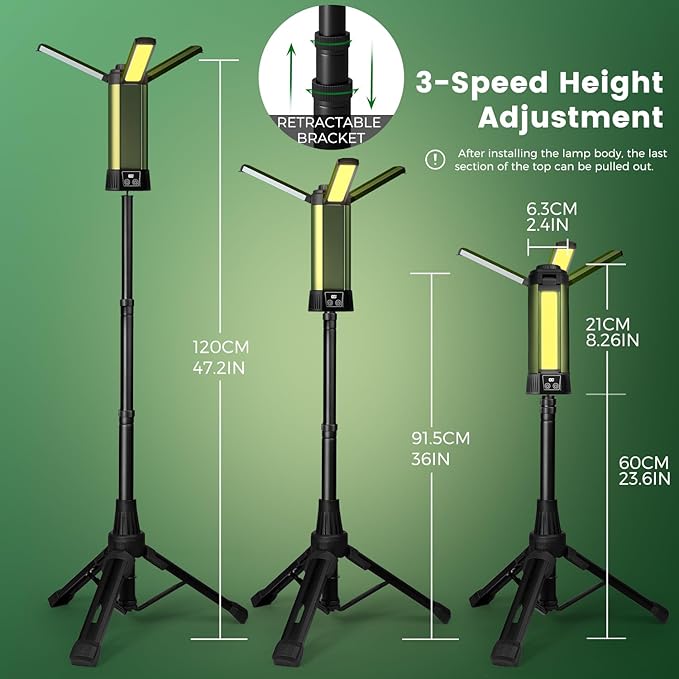 Rechargeable Camping Light with Stand 6000mAh 3.9 ft Max Height, Cordless Camping Lights with 3 LED Lamp Heads, 2000 Lumens Dimmable Magnetic Emergency Flashlight with Detachable Tripod(Green-M)