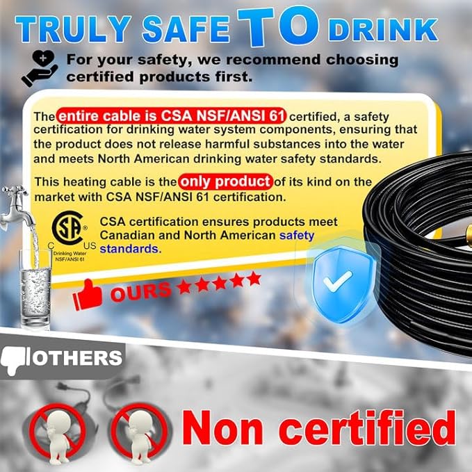 HEATIT In Pipe Heating Cable for Drinking Water Supply NSF/ANSI/CAN 61 Certified Self Regulating Heat Tape Pre-Assembled Pipe Freeze Protection 120V, 15FT