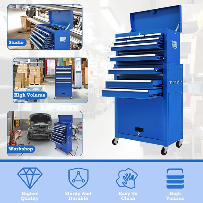 13 Drawers Tool Chest with Wheels,Large Capacity Tool Storage Cabinet with Removable Top Toolbox, Locking Mechanical Tool Cart with Liner,Suitable for Garages, Warehouses-Blue