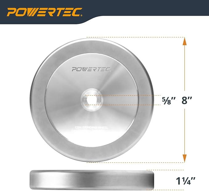 POWERTEC CBN Grinding Wheel 8 Inch 600 Grit, 1-1/4" Wide, 5/8" Arbor – 4-in-1 CBN Sharpening Wheel with 1/4" Radius Edge and Side Face for Bench Grinder (15706)