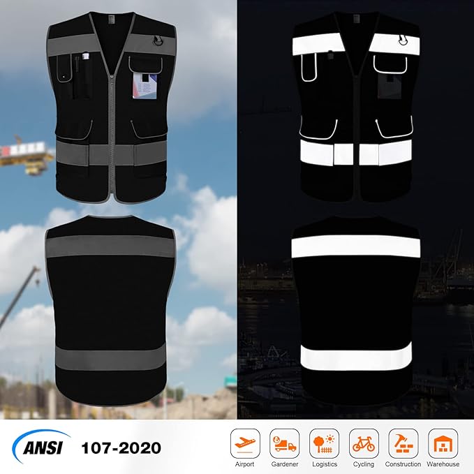 TCCFCCT Mesh Safety Vest for Men Women, 9 Pockets High Visibility Reflective Vest for Safety, Work Vest with Reflective Strips, Meets ANSI/ISEA Standards, (Black, X-Large)