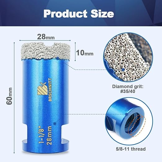 1-1/8 Inch Diamond Core Drill Bit for Porcelain Tile Ceramic Marble Granite Drilling,BRSCHNITT 1pc Vacuum Brazed Diamond Hole Saw with 5/8-11 Thread (28mm)