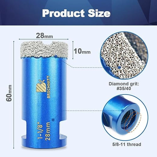 1-1/8 Inch Diamond Core Drill Bit for Porcelain Tile Ceramic Marble Granite Drilling,BRSCHNITT 1pc Vacuum Brazed Diamond Hole Saw with 5/8-11 Thread (28mm)