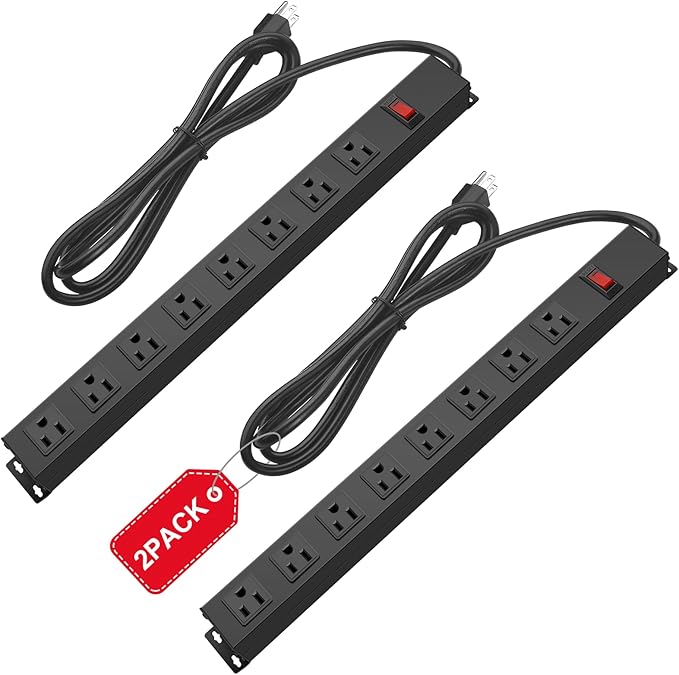 2Pack Metal 8 Outlet Mountable Power Strip, Wall Mount Outlet Heavy Duty, Wide Spaced Commercial Shop Power Strip with Switch, 6 FT SJT 14AWG Power Cord.