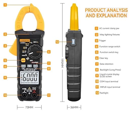Digital Clamp Meter Multimeter 2000 Counts Voltage Tester with Auto-Range, AC/DC Voltage, AC Current, Resistance, Continuity Diode, Live Wire Test, NCV, True RMS clamp Meter AC Current Meter LD201+