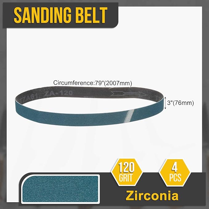 3 x 79 Inch Sanding Belt, 4 Pcs 120 Grit Zirconia Knife Sharpener Belts Work Sharpening for Belt Sander Knife Carving Tool Metal Working