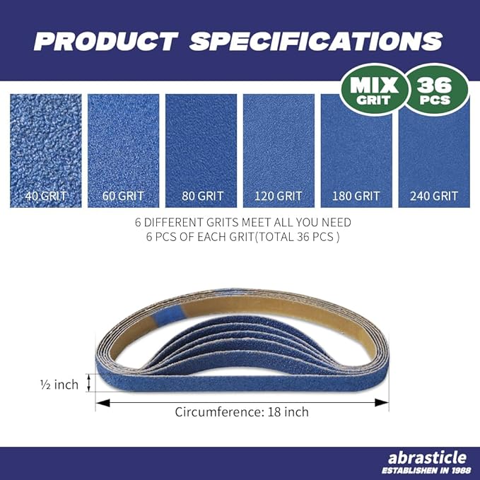 1/2" x 18" Zirconia Sanding Belts for Metal, 1/2 x 18 Inch Zirconia Metal Grinding Sand Paper, 36 PCS 6 Each of 40/60/80/120/180/240 Assorted Grits, Perfect for Metal Polishing, Derusting, Woodworking
