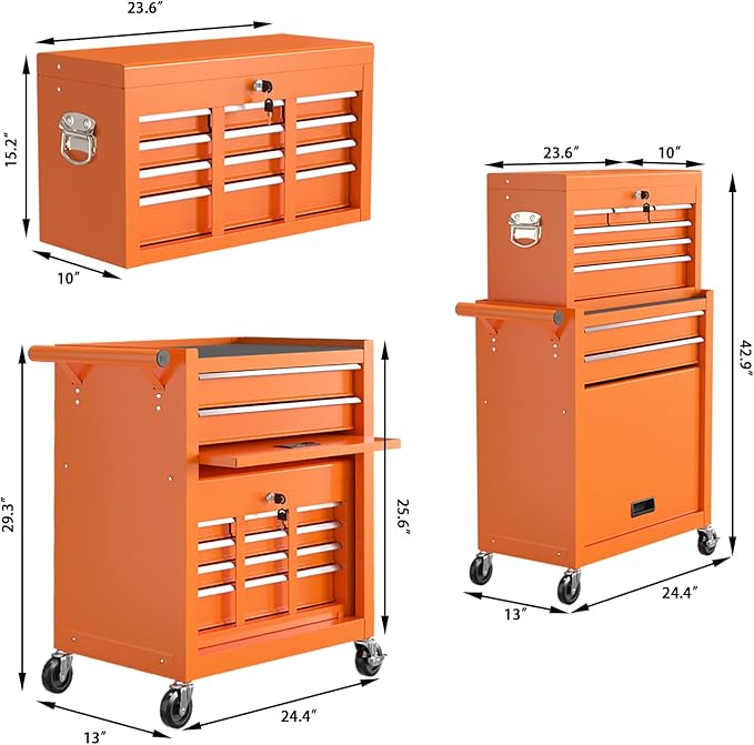 8-Drawer High Capacity Rolling Tool Chest, Removable Cabinet Storage Tool Box with Wheels and Drawers, Detachable Toolbox with Lock for Workshop Mechanics Garage（Orange）