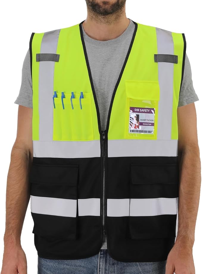 Dib Safety Reflective Vest High Visibility with Pockets and Zipper, Yellow and Black S