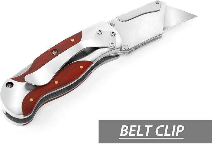 WORKPRO Quick-Change Utility Knife, Classical Retro Style Wood Grain Handle, Back Lock Folding Knife with Clip