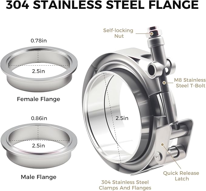 2 Pack 2.5 Inch V Band Clamp Kits - Quick-Release with Male/Female Flanges, 304 Stainless Steel, Leak-Resistant Interlocking Design for Exhaust, Turbo, Downpipe, Intercooler Piping (2, 2.5in)