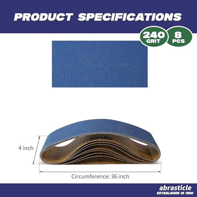 4" x 36" Zirconia Sanding Belts for Metal - 4 x 36 Inch Zirconia Metal Grinding Sand Paper, 8 PCS 240 Grits, Perfect for Knife Blade Sharpening, Metal Polishing, Derusting, Woodworking