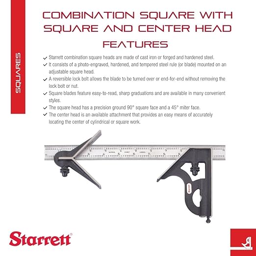 Starrett Steel Combination Square with Square Head and Center Head - 12" Blade Length, Cast Iron Heads, Hardened Steel, Reversible Lock Bolt, 4R Graduation Type - C11HC-12-4R