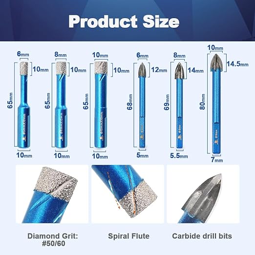 Dry Diamond Core Drill Bit Set,BRSCHNITT 1/4"*2,5/16",3/8" Diamond Hole Saw& 1/4"*3,5/16"*2,3/8" Carbide Drill bits with Triangle Shank for Porcelain Tile Ceramic Stone Granite Marble(10pcs)