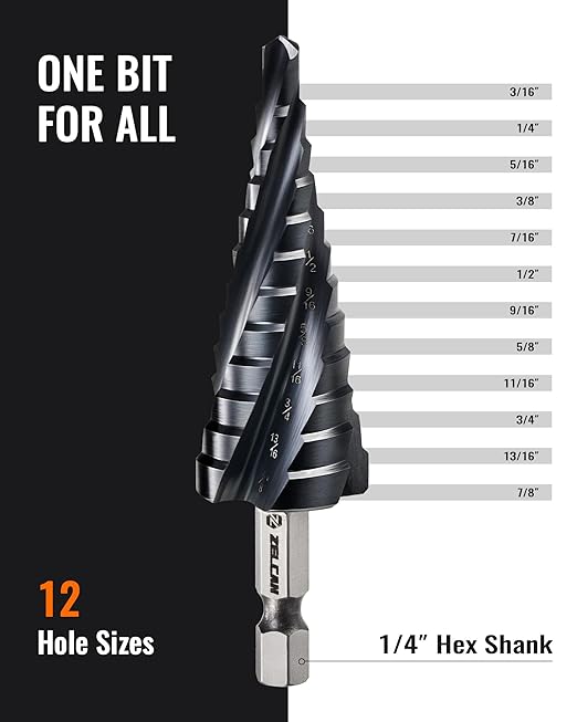 ZELCAN 12 Sizes M35 Cobalt Step Drill Bit, 3/16" to 7/8" Four Spiral Flute Step Drill Bit for Metal, Titanium-Coated HSS Step Bit with 1/4" Hex Shank for Stainless Steel Aluminum Copper Wood Plastic