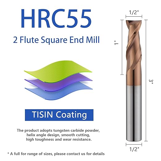 2 Flute 1/2" Carbide Square End Mill Micrograin Milling Bits Sets TISIN Coating CNC Router Bit for Steel