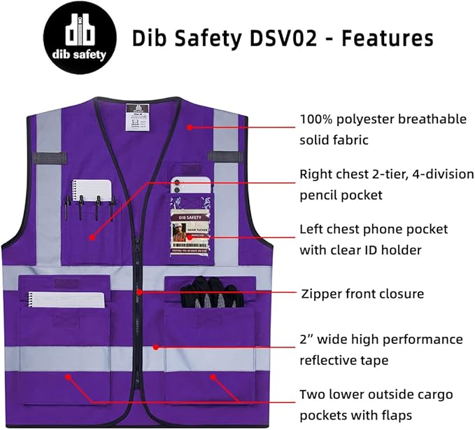 Dib Safety Reflective Vest High Visibility with Pockets and Zipper, Purple XS