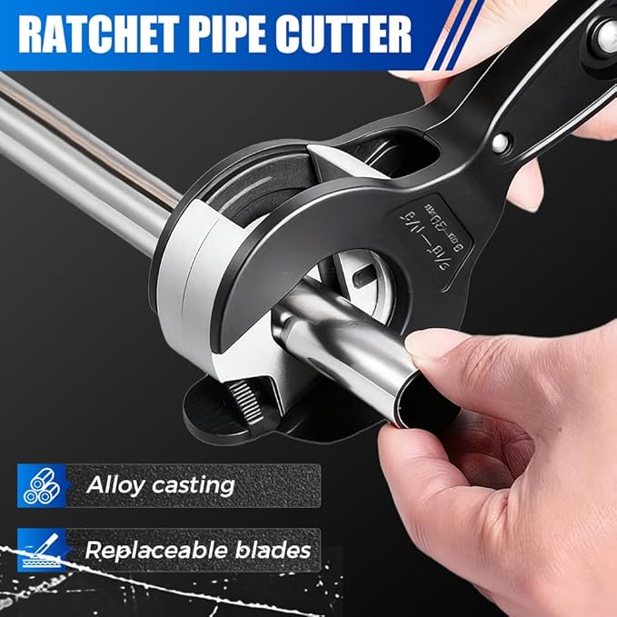 Ratcheting Tubing Cutter, Adjustable Ratchet Type Pipe Cutter 1/4" To 7/8", Ratcheting Pipe Cutter for Copper Aluminum Iron Stainless Steel Conduit Plumbing, PVC, Soft Metals
