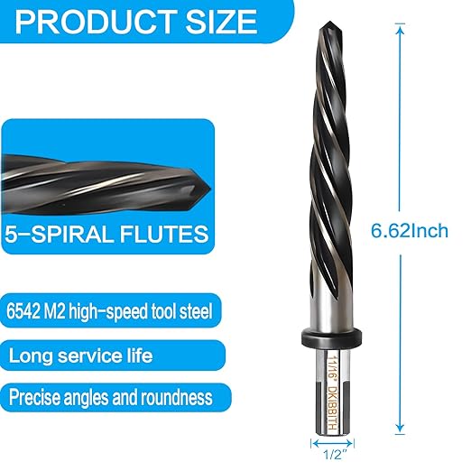 DKIBBITH 11/16" Bridge Construction Reamer Drill Bit, M2 HSS Taper Chucking Reamer for Steel Alloy Metal Wood Plastic, 1/2" Non-Slip Shank, 5-Spiral Flutes Car Reamer, to Align or Enlarge Holes, 17mm
