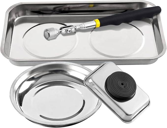 3 Pieces Magnetic Trays with 8LBs Telescoping Magnetic Pick-up Tool Set, 9.5" and 3.7" Rectangle, 6" Round Bowl Stainless Steel Magnet Parts Tray for Screws, Mechanic's