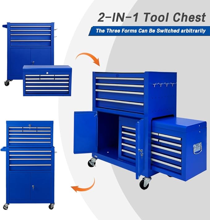 13-Drawer Tool Chest with Double Door and Wheels, Large Detachable Tool Box with Sliding Drawers, Mechanic Toolbox Storage Cabinets, Metal Tool Cart for Garage Workshop (Blue)