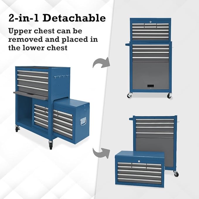 13 Drawer Rolling Tool Chest with Wheels, 2 in 1 Detachable Tool Chest with Drawers, Large Tool Box with Lock, Metal Tool Cabinet for Garage Workshop(Blue-Gray)