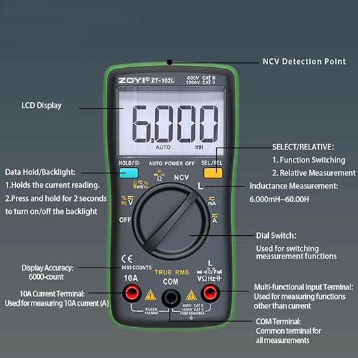 ZT-102L LCR Meter Inductance Tester Digital multimeter TRMS 6000 Counts accurately Measures Inductance Voltmeter Amp Meter ohmmetr Diodes Continuity Duty-Cycle Capacitance for Automotive