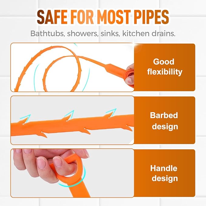 5 Pack 25 Inch Drain Snake, 2025 New Clog Remover, Flexible Hair Removal Tool for Bathroom and Kitchen, Durable Pipe Cleaning Tool for Homeowners (5 Pack)