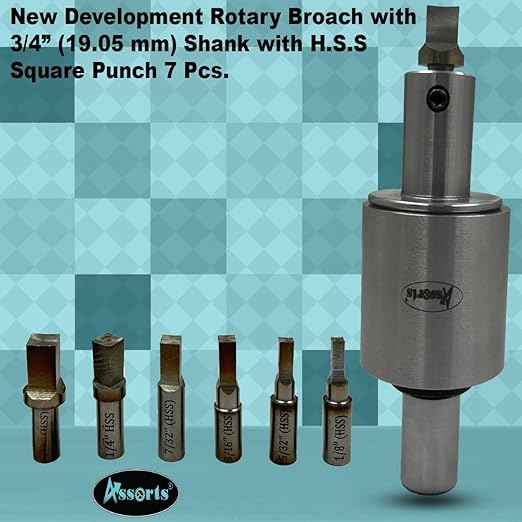 ASSORTS Precision Rotary Broach with 3/4” (19.05 mm) Shank & H.S.S Square Punch 7 Pcs– Ideal for CNC, Lathe, Milling & Drilling Machines