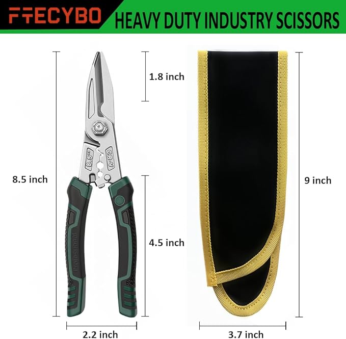 Heavy Duty Industrial Scissors 8.5'', Utility Sharp Aviation Tin Snips, Finely Serrated CR-V Blades with Safety Lock, for Cutting Wires, Cardboard, Plastic, Carpet, Metal Sheet
