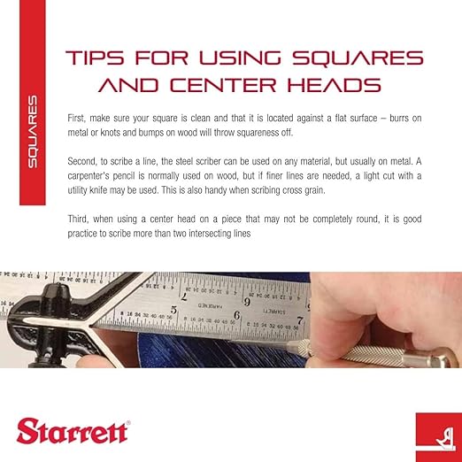 Starrett Steel Combination Square with Square Head - 6" Blade Length, Cast Iron Heads, Hardened Steel, Reversible Lock Bolt, Scriber, Spirit Level, 4R Graduation Type - 11H-6-4R