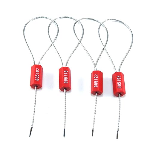 50 Numbered Steel Cable Security Seals - Metal Wire Tamper Seals, Pull Tight Cable Tie for Containers (Red)
