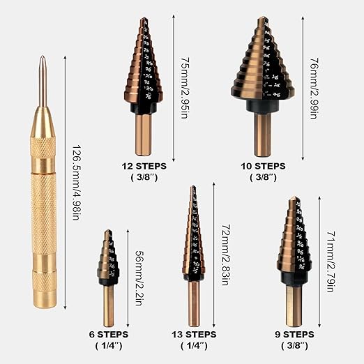XDENDP Step Drill Bit, 5PCS Step Drill Bit for Metal, HSS Titanium High Speed Steel Step Bit, Step Bits for Metal, Total 50 Sizes with Storage Case, for DIY Lovers Drilling Metal Wood Aluminum Plastic