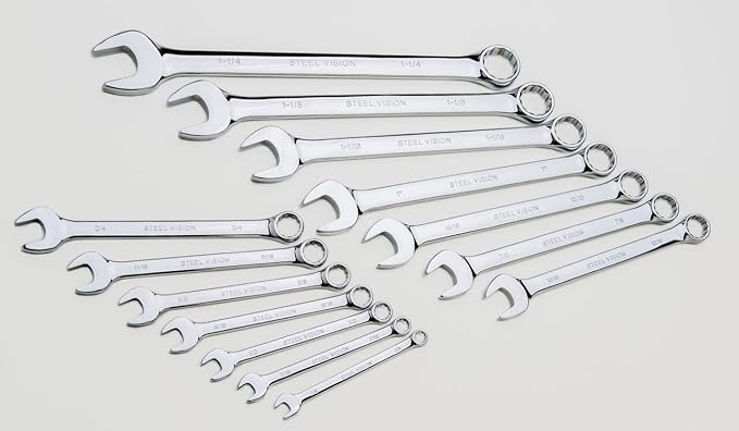 Steel Vision Pro 14-Piece SAE Combination Wrench Set - Heavy Duty CR-V Steel, Mirror Polished, Anti-Rust, 12-Point Openings, Includes Organizer Bag (Sizes 3/8 to 1-1/4 Inch)