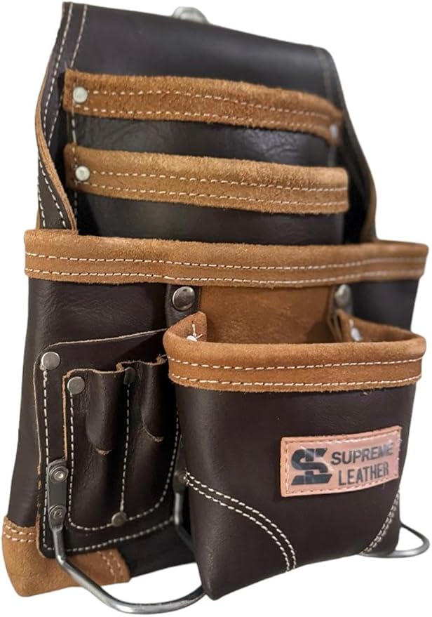 Supreme Leather Tool Pouch for Construction Carpenter Tool Bag Electrician's Pouch | 10 Pockets 2 Stainless Steel Hammer Holders Top Grain Leather Bag
