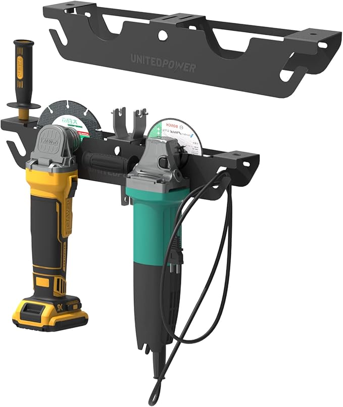 UNITEDPOWER Angle Grinder Holder - 2 Bay Angle Grinder Rack/Stand Storage Rack with Cord Hanger, Wall mount Bracket for Cutters Polishers, Garage and Workspace.