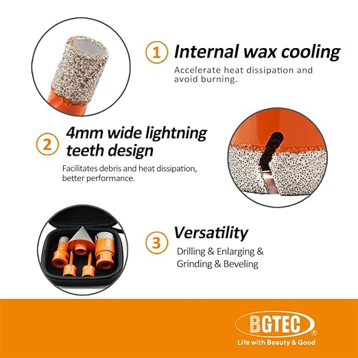 Diamond Core Drill Bit Kit BGTEC Diamond Hole Saw Tile Cutter for Porcelain Tile Ceramic Marble Brick, 5/8"-11 Thread 6/6/20/35mm+50mm Chamfer Bit