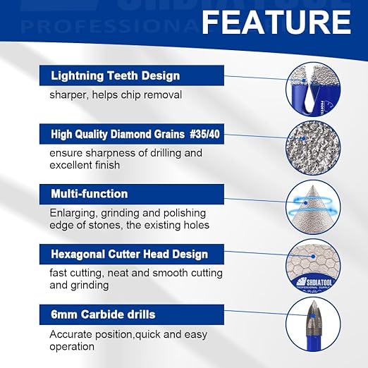 SHDIATOOL Diamond Tile Drill Bits Kit 12pcs, Porcelain Hole Saw Sets, Core Bits Cutter for Drilling Ceramic Marble Granite (6/8/10/35/50/65/25MM/2/HEX/SDSPLUS/4.5"/6MM)