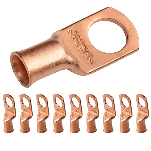SELTERM 10pcs 2 AWG - 1/2" Stud - Battery Lugs, Heavy Duty Wire Lugs, Ring Terminals, Battery Cable Ends,2 Gauge Terminals, UL Bare Copper Eyelets Electrical Battery Terminal Connectors